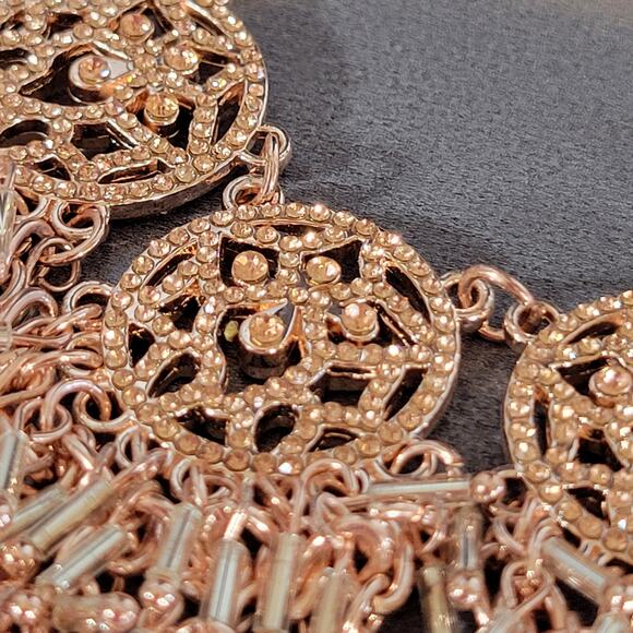 Rose Gold Tone Statement Necklace Filigree Beaded Fringe 16" +3" Extender - Picture 4 of 15
